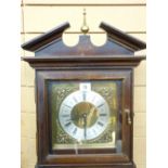 A REPRODUCTION GRANDMOTHER CLOCK with brass dial, two tier light oak coffee table with end of