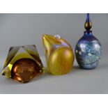 THREE PIECES OF COLLECTORS' GLASSWARE including an Okra iridescent scent bottle with stopper,