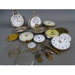 A VINTAGE TIN OF POCKET WATCHES AND PARTS including two silver cased full hunters, one being an