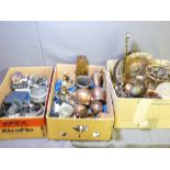 A QUANTITY OF COPPER, BRASS, SILVER PLATE AND WHITE METAL ITEMS in three boxes