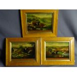 THREE FRAMED CRYSTOLEUM TYPE HUNTING PRINTS in the antique style, titled 'Breaking Cover', 'Full