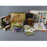 A MIXED GROUP OF COLLECTABLES to include a small early framed watercolour painting, postage