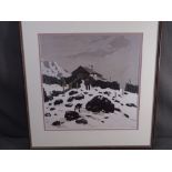 SIR KYFFIN WILLIAMS RA coloured print - farmer and two dogs in a snowy hillscape, printed