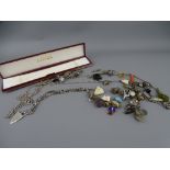 AN UNUSUAL ENAMEL GOLLY FIGURE, forty nine further charms and a silver Albert T Bar and clip with