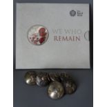 SIX CEREMONIAL WHITE METAL AND BRASS BUTTONS, by Pitt and Co London, each with a crown and dog motif