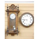 A CIRCULAR DIAL SINGLE FUSEE WALL CLOCK and a Vienna style walnut cased wall clock, 39cms diameter