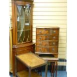 A STANDING CORNER CUPBOARD, reproduction one piece with glazed top, a nest of three glass top coffee