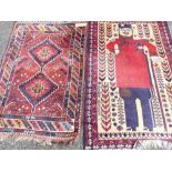 TWO SMALL EASTERN TYPE WOOLEN RUGS, one patterned as a soldier in uniform on a cream ground with