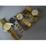 A PARCEL OF FIVE GOOD GENTLEMAN'S WRISTWATCHES, all with metal bracelets and including a good slim