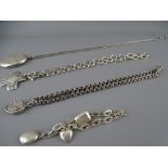 TWO SILVER LOCKETS & A CROSS on silver and white metal necklaces and a silver bracelet with