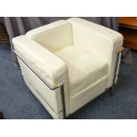 A SQUARE CHROME FRAMED WHITE LEATHER DESIGNER ARMCHAIR