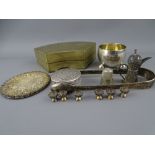 A GROUP OF SMALL SILVER AND WHITE METAL ITEMS to include a filigree miniature drinks set on tray,