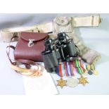 MILITARY MEDALS, canvas holster and Karl Zeiss binoculars, medals include unmarked WWII group of