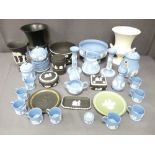 WEDGWOOD CHINA, two campana style planters, black jasperware items and blue jasperware items