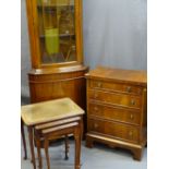 A REPRODUCTION MAHOGANY CHEST OF DRAWERS, glazed top corner cupboard and set of three mahogany