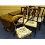 TWO NEAT OAK GATE LEGGED DINING TABLES, a set of four pierced splat back dining chairs and a