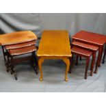 TWO SETS OF THREE REPRODUCTION MAHOGANY TABLES and a coffee table, various measurements