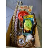 A BOX OF COLLECTABLES to include two Indian ceremonial swords, a boxed Wombles Orinoco singing
