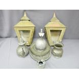 A COLLECTION OF VINTAGE PEWTER and two exterior brass lantern style wall lamps