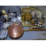 A COPPER LONG-HANDLED BED WARMER, a small brass telescope with attached spirit level, brass jam pan,