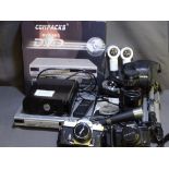 A KONICA AUTO REFLEX CAMERA, A Chinon camera with Pentax lens, a vintage Eagle microphone, a boxed