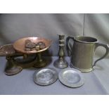 PEWTER including a good size two-handled tank and vintage scales ETC