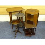 A SMALL REVOLVING MAHOGANY BOOK STAND and four various side tables, 70.5cms height the tallest