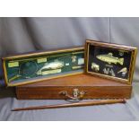 A VINTAGE WOODEN GUN CASE, mahogany walking stick, two boxed framed fishing pictures