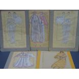 ANNE ANDERSON mixed media - five designer fashion sketches, mounted but unframed, 28 x 45cms