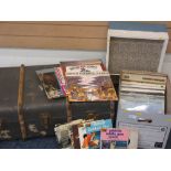 VINTAGE WOODEN BANDED TRUNK, quantity of vinyl LPs and 45s and a vintage gramophone speaker