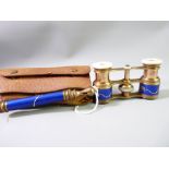 A CONTINENTAL PAIR OF FOLDING OPERA GLASSES, gilt metal with mother of pearl eye pieces, blue enamel