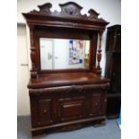 A SUBSTANTIAL EDWARDIAN MIRROR BACK SIDEBOARD with reeded canopy support pillars, carved detail
