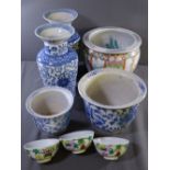 ORIENTAL PORCELAIN FISH BOWL, 26cms diameter, pair of blue and white vases, 32cms high and similar