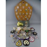 SHIELD MOUNTED & LOOSE COLLECTION OF FIRE SERVICE BADGES & EMBLEMS and a presentation desk weight