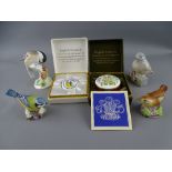 TWO BOXED ENGLISH ENAMEL PILL BOXES and four porcelain bird figurines, various makers