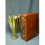 VINTAGE BRASS UMBRELLA FORM STAND and a vintage travel case