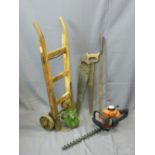 VINTAGE WOODEN SACK TRUCK by Slingsby-Trucks of Glasgow, two vintage hand saws, a Lake and Elliot