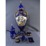 STAFFORDSHIRE COBALT BLUE TWIN HANDLED URN SHAPED VASE and a parcel of similarly decorated cabinet