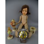 VINTAGE CLOTH BODY DOLL WITH HAND PAINTED FACIAL DETAIL, two Hummel figurines, a child's mug and a