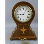 EDWARDIAN INLAID MAHOGANY BALLOON SHAPE MANTEL CLOCK WITH KEY