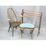 MAHOGANY TOWEL AIRER, small upholstered kidney shaped stool and a single ercol stick back arm chair