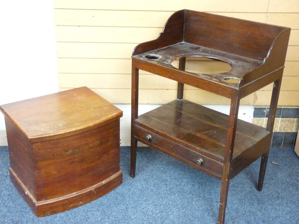 MAHOGANY RAIL BACK WASH-STAND with lower base drawer and shelf and a mahogany commode, various