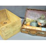 VINTAGE LEATHER CASE containing oil lamps, parts and consumables with a timber packing case for