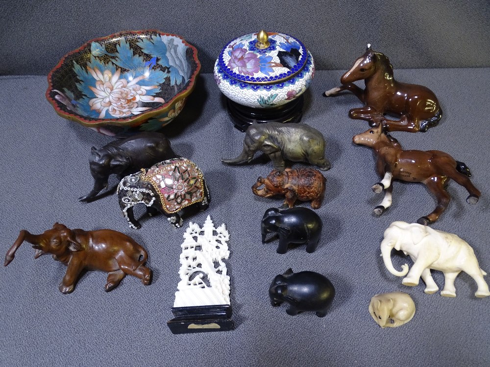 PARCEL OF ORNAMENTAL ELEPHANTS in various compositions, Beswick horses, cloisonne ETC