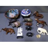 PARCEL OF ORNAMENTAL ELEPHANTS in various compositions, Beswick horses, cloisonne ETC