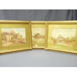 A COLEMAN - three watercolour studies of riverside houses, one having a figure in a boat with castle