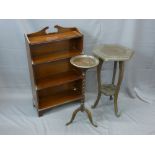 MAHOGANY WATERFALL FOUR SHELF BOOKCASE, barley twist planter stand and an octagonal carved top