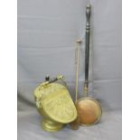 BRASS HELMET SHAPED COAL SCUTTLE, a vintage bed pan and fire iron