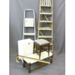 MIXED PARCEL - a wooden step ladder, metal step ladder, Loom style linen basket, two walking sticks,