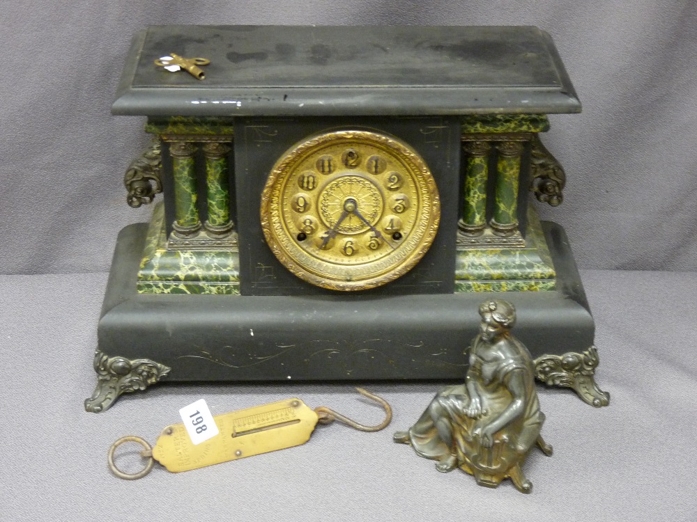 VICTORIAN SLATE & MARBLE EFFECT CLOCK, a cast figurine and a Salter's brass spring balance